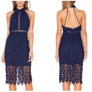 Bardot Gemma Lace Halter Sheath Dress Sz Small Blue Backless Cocktail Party NWT
